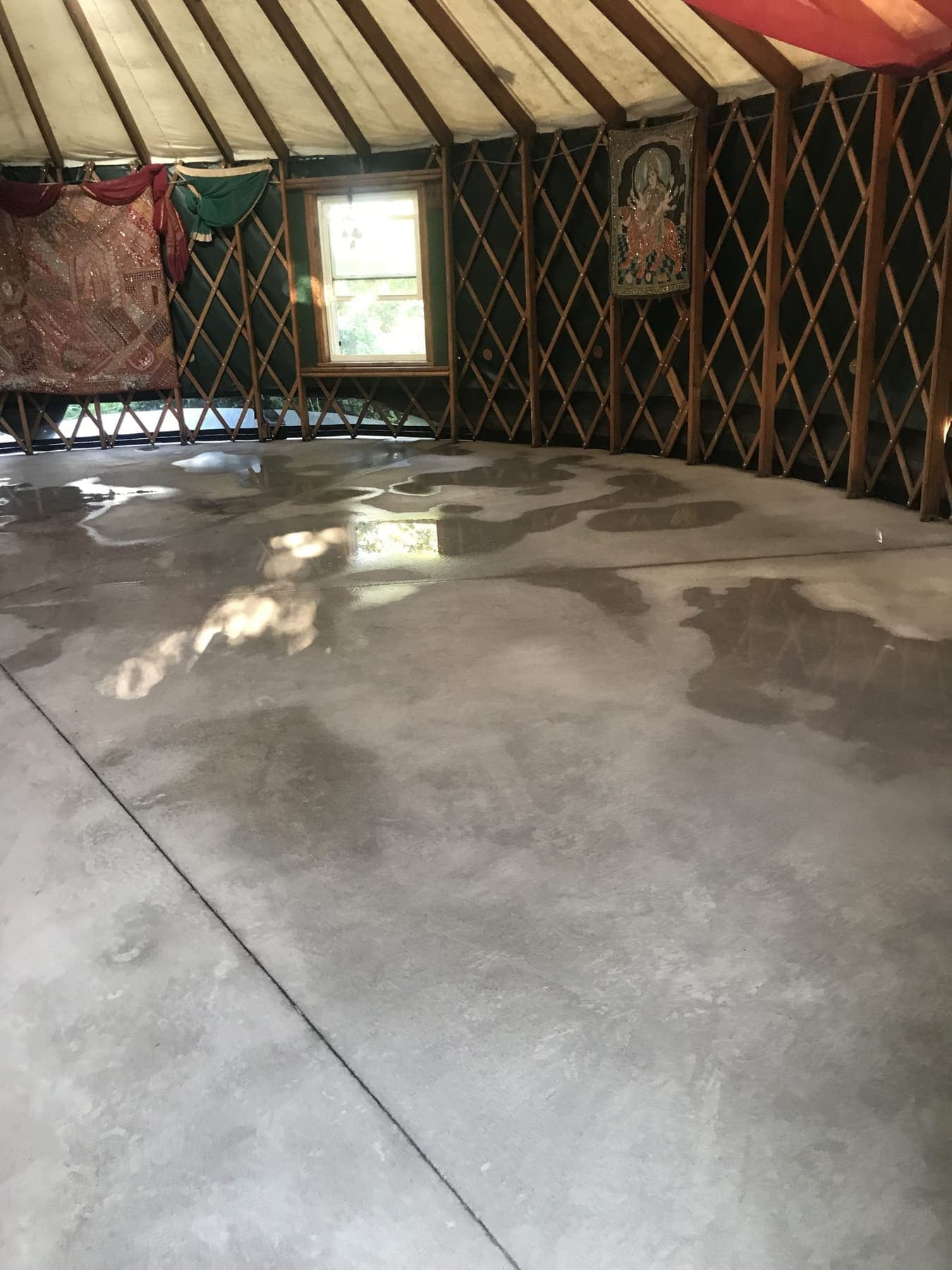 Bare grey concrete slab inside the Earthsong Foundation yurt